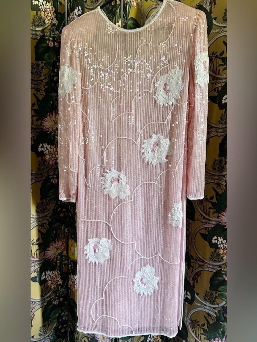 Vintage 80s SCALA Pink Silk Sequin Beaded Floral Midi Dress S